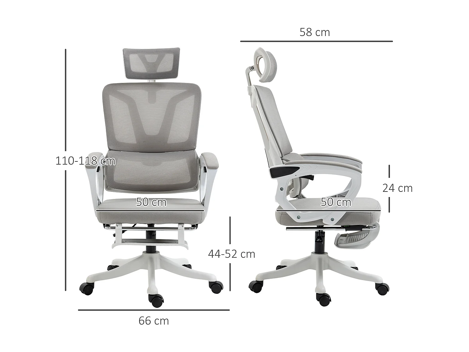 Fauteuil de bureau ergonomique inclinable réglable - repose-pied rétractable, support lombaires, tétière ajustable - blanc gris