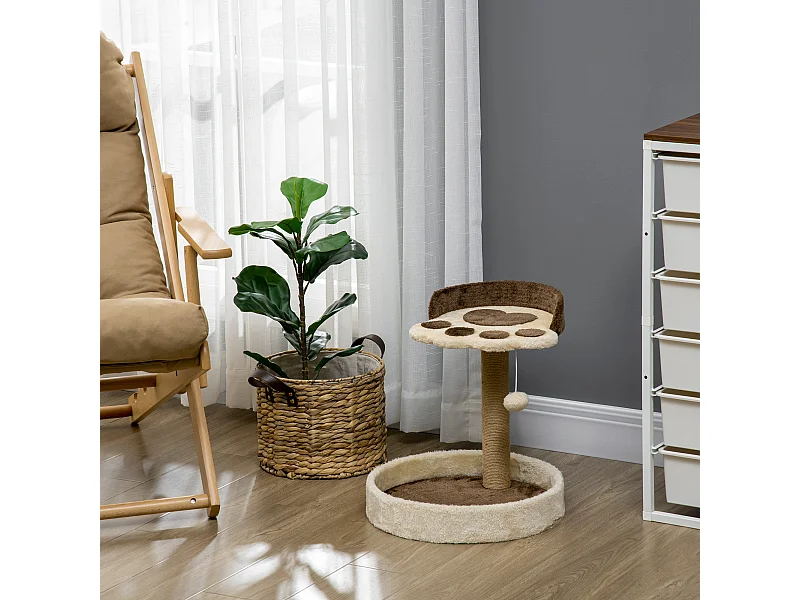 Arbre à chat griffoir design patte de chat jeu boule suspendue panier plateforme observation peluche beige marron jute naturelle