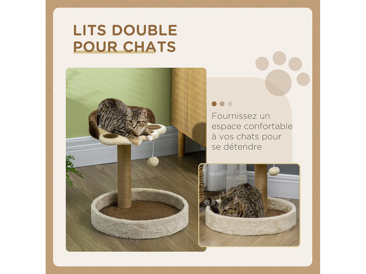 Arbre à chat griffoir design patte de chat jeu boule suspendue panier plateforme observation peluche beige marron jute naturelle