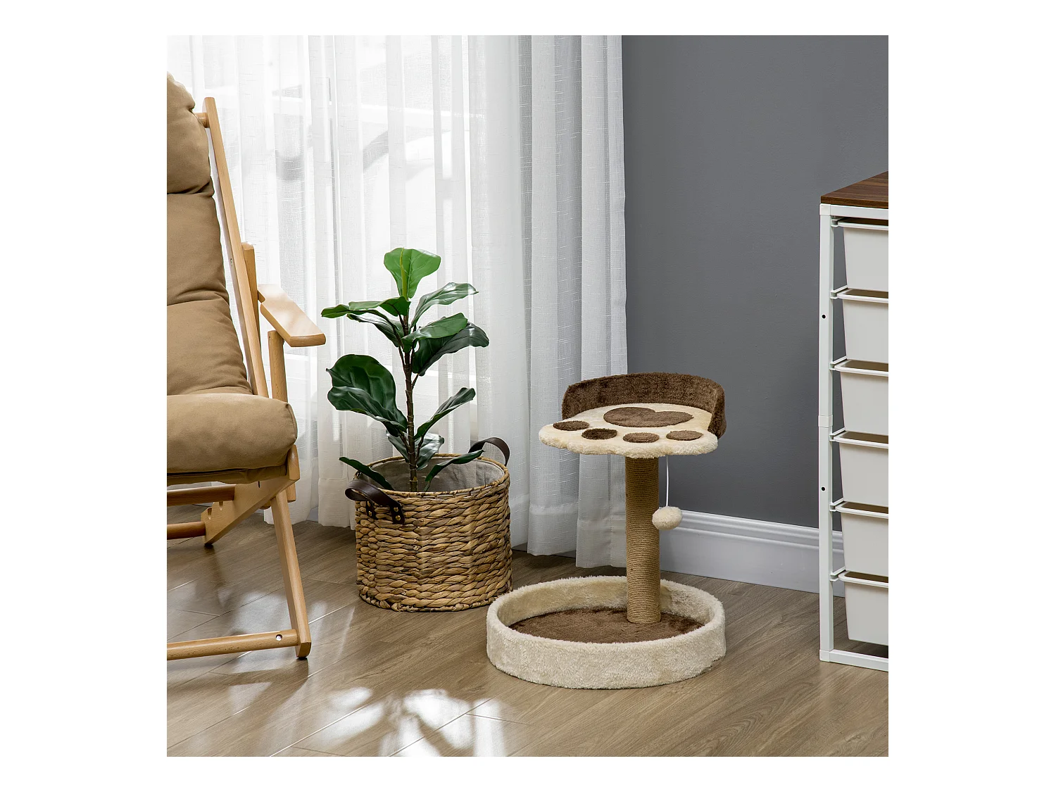 Arbre à chat griffoir design patte de chat jeu boule suspendue panier plateforme observation peluche beige marron jute naturelle