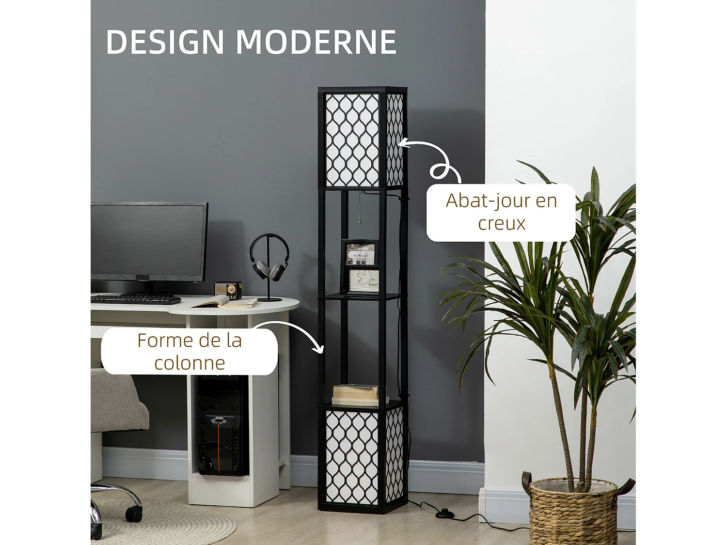 Lampadaire étagère lampe étagère dim. 26L x 26l x 156H cm 2 étagères MDF noir motif nid d'abeille