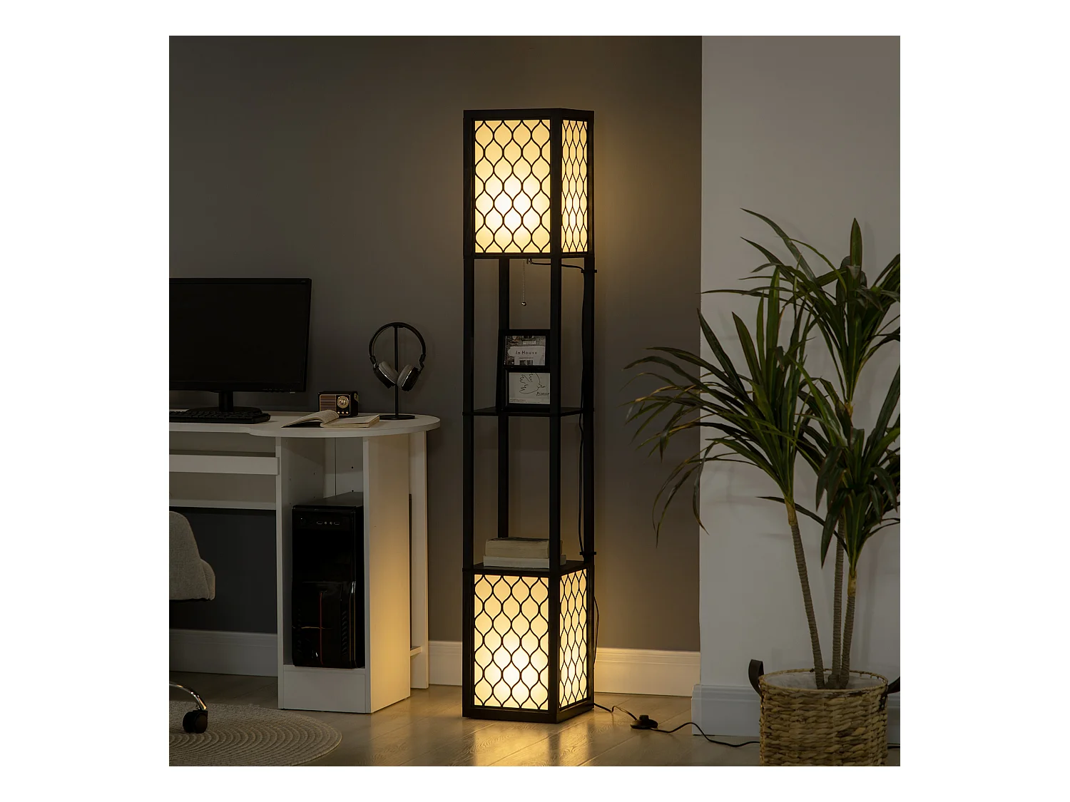 Lampadaire étagère lampe étagère dim. 26L x 26l x 156H cm 2 étagères MDF noir motif nid d'abeille