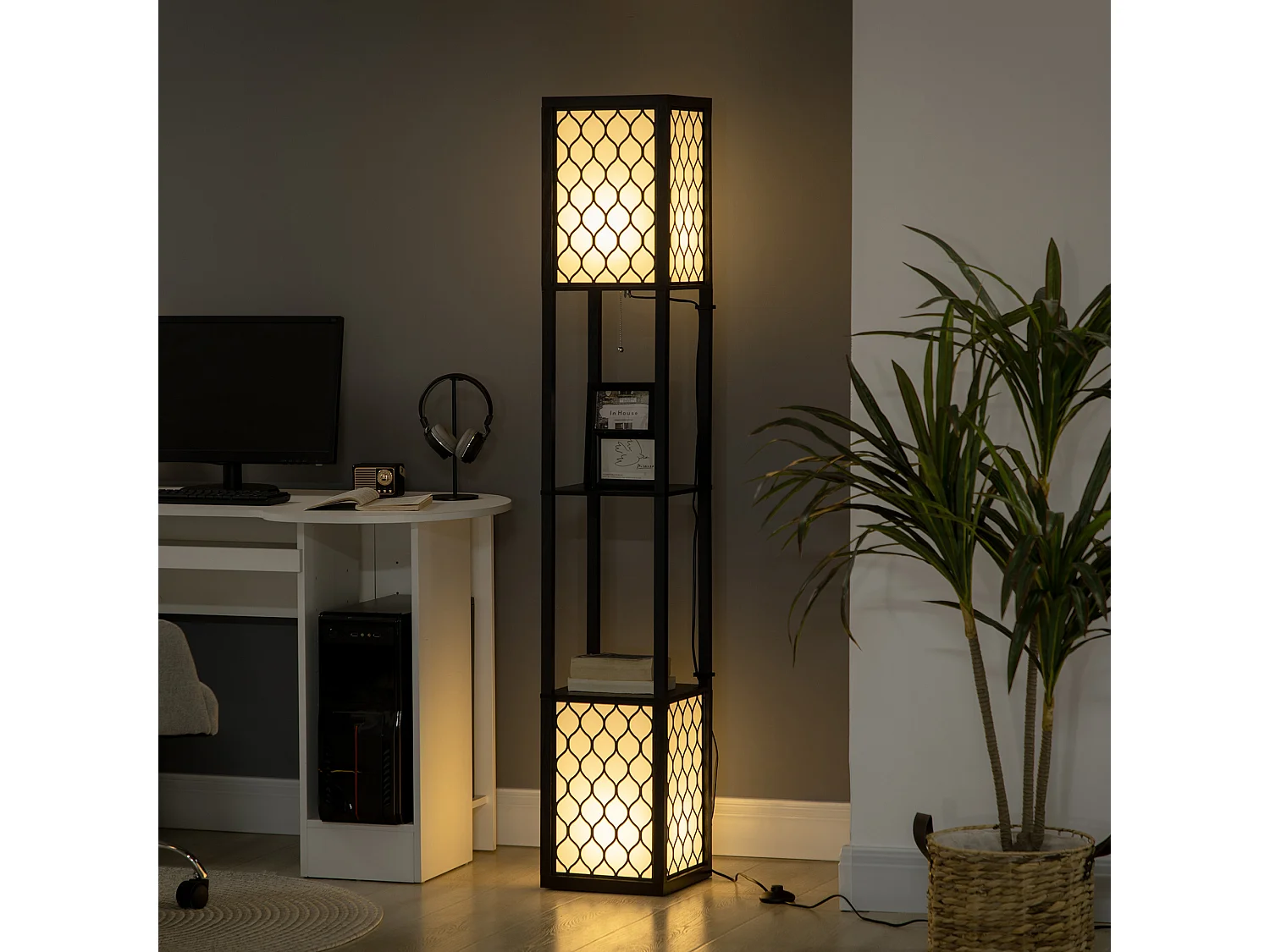 Lampadaire étagère lampe étagère dim. 26L x 26l x 156H cm 2 étagères MDF motif nid d'abeille noir