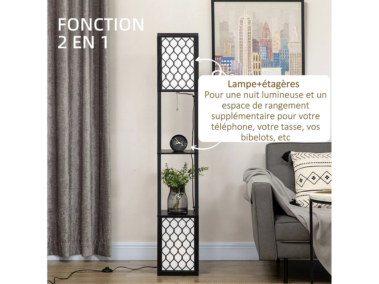 Lampadaire étagère lampe étagère dim. 26L x 26l x 156H cm 2 étagères MDF motif nid d'abeille noir