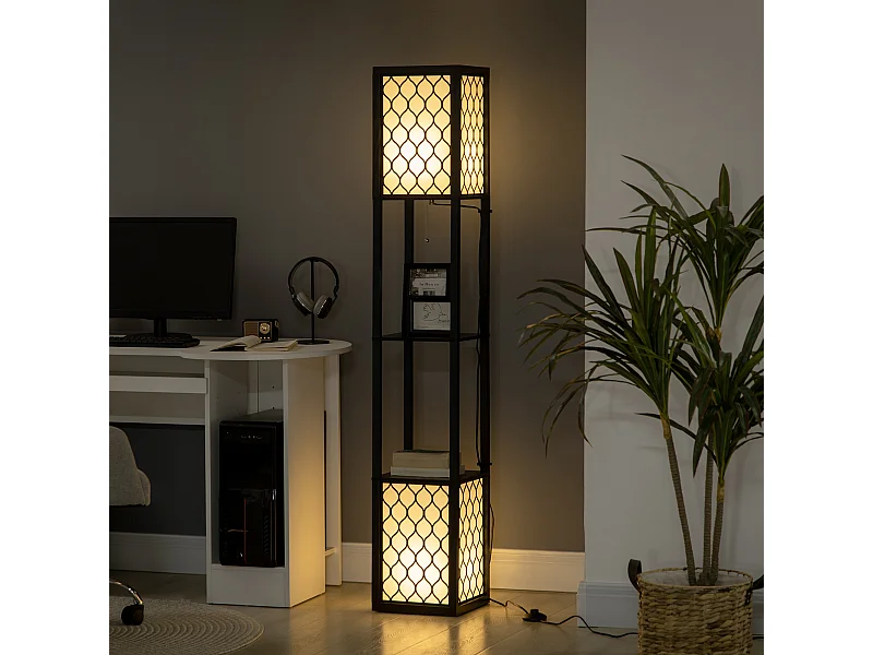 Lampadaire étagère lampe étagère dim. 26L x 26l x 156H cm 2 étagères MDF motif nid d'abeille noir