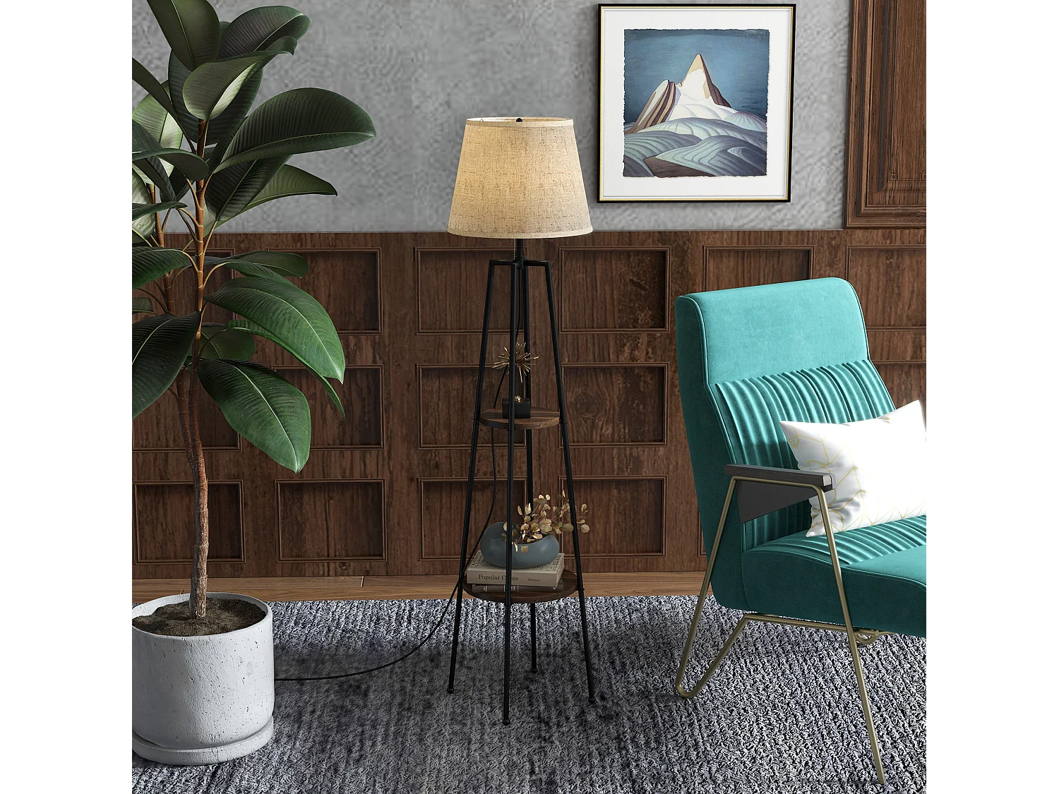 Lampadaire design contemporain 2 étagères intégrées 40 W 166H cm métal noir MDF aspect bois de noyer tissu beige