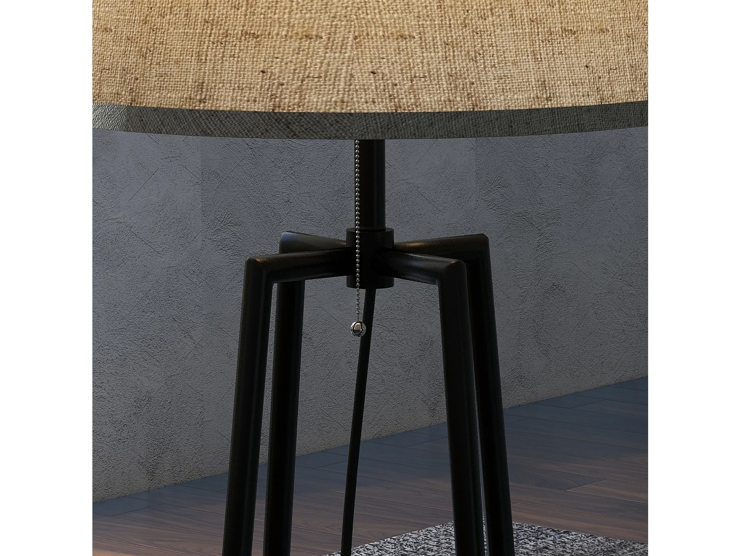 Lampadaire design contemporain 2 étagères intégrées 40 W 166H cm métal noir MDF aspect bois de noyer tissu beige