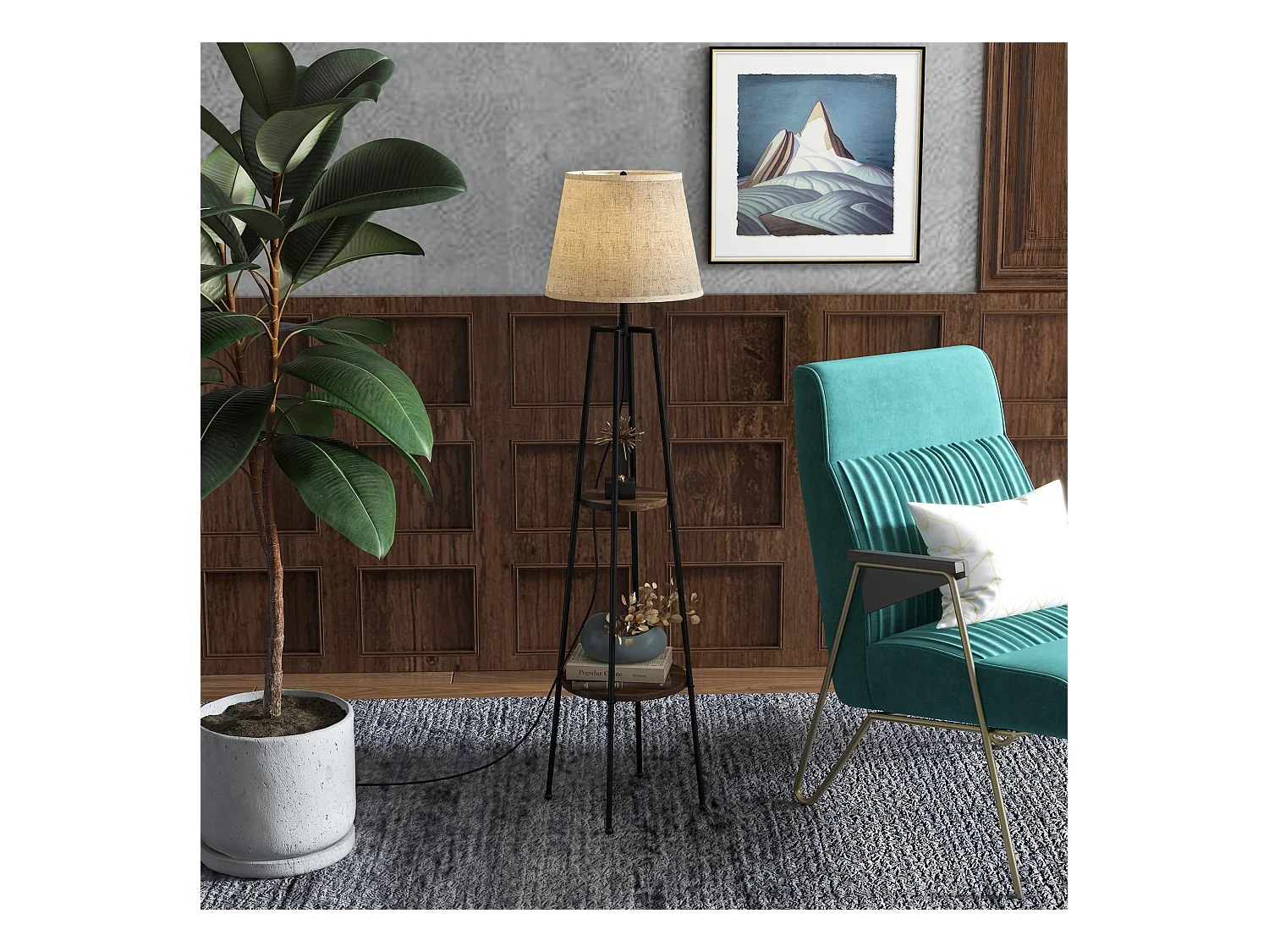 Lampadaire design contemporain 2 étagères intégrées 40 W 166H cm métal noir MDF aspect bois de noyer tissu beige