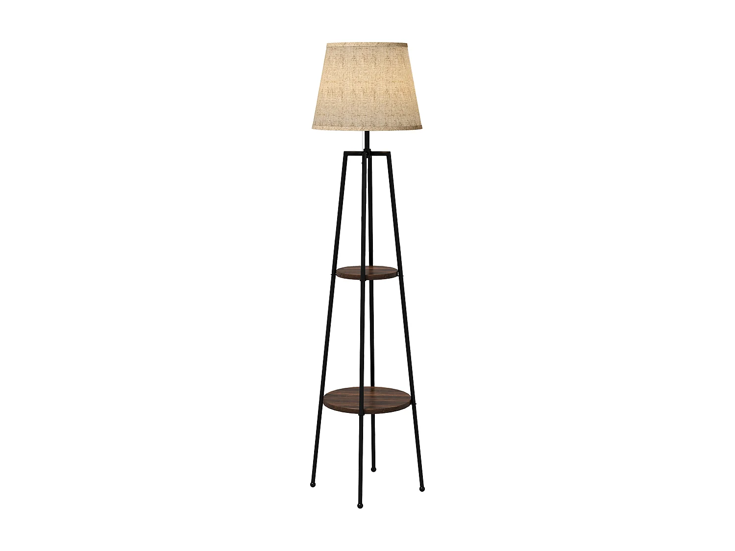 Lampadaire design contemporain 2 étagères intégrées 40 W 166H cm métal noir MDF aspect bois de noyer tissu beige