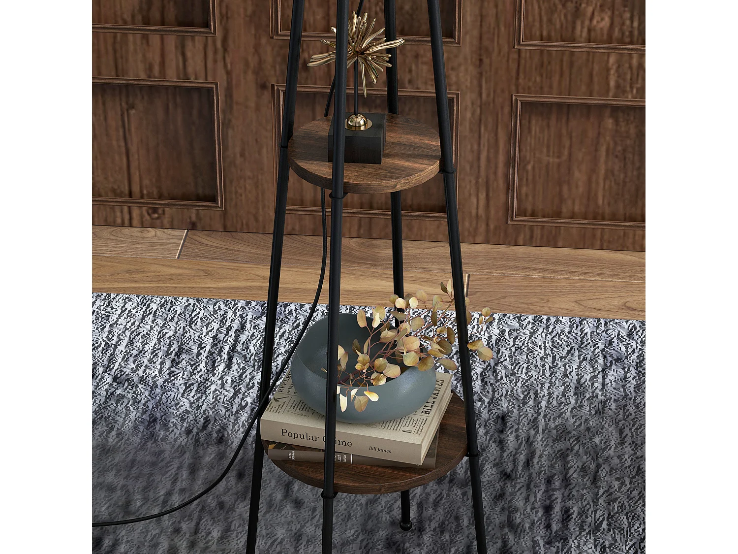 Lampadaire design contemporain 2 étagères intégrées 40 W 166H cm métal noir MDF aspect bois de noyer tissu beige