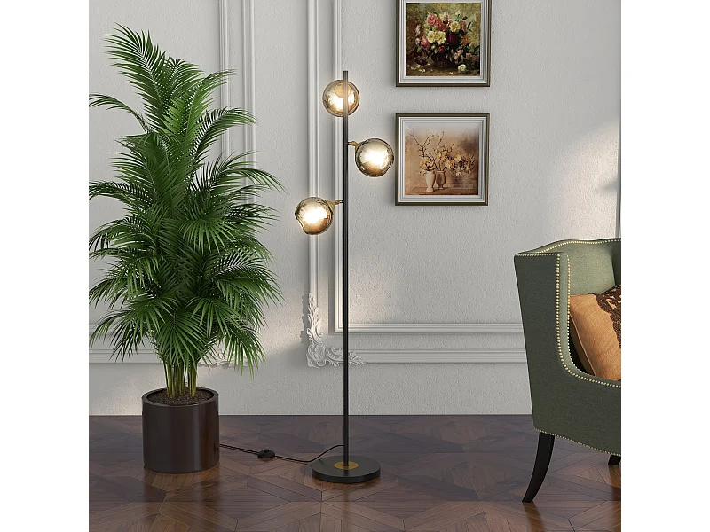 Lampadaire globe design néo-rétro 3 ampoules orientables max. 40 W H. 162 cm métal noir doré verre gris