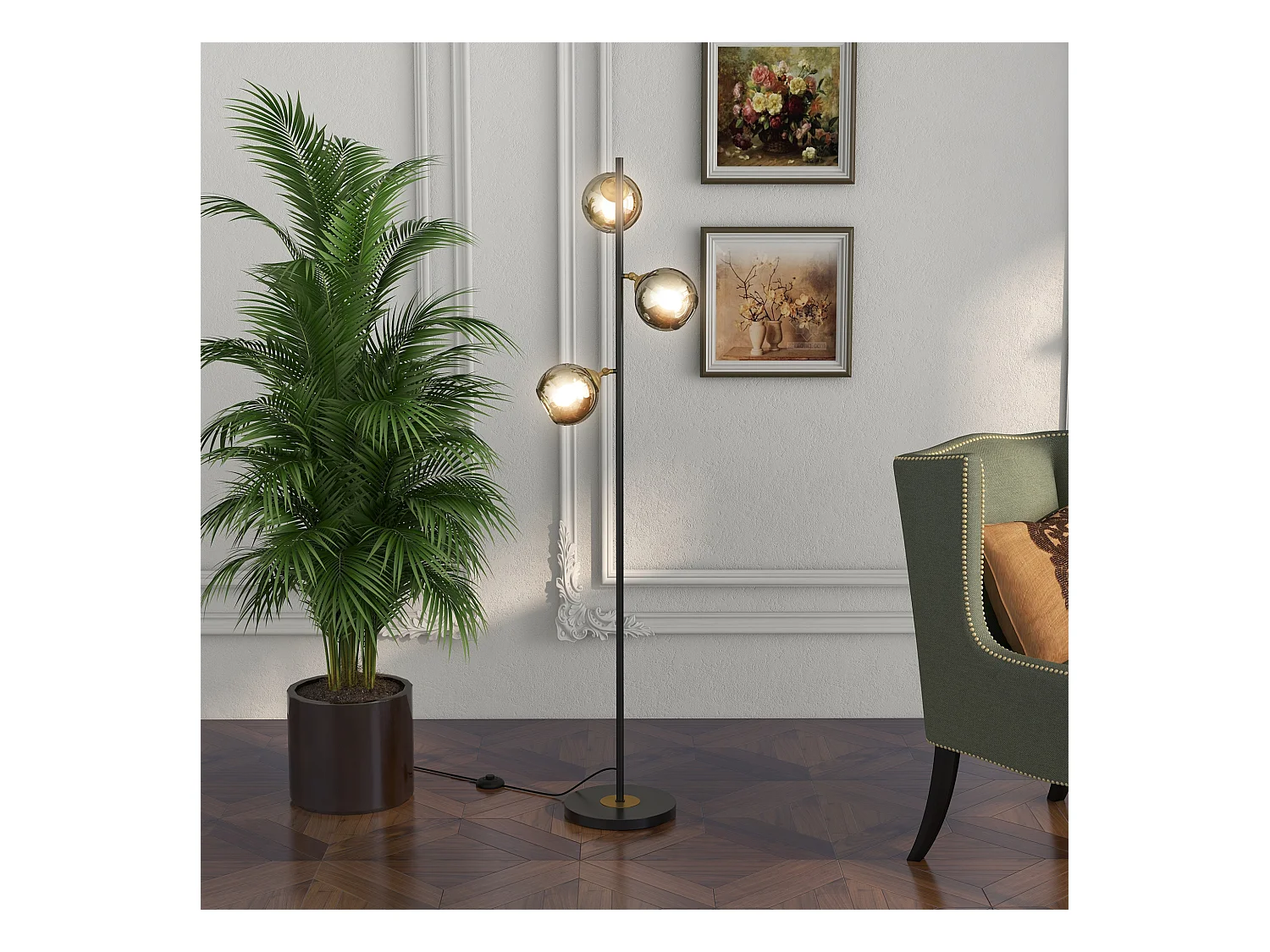 Lampadaire globe design néo-rétro 3 ampoules orientables max. 40 W H. 162 cm métal noir doré verre gris
