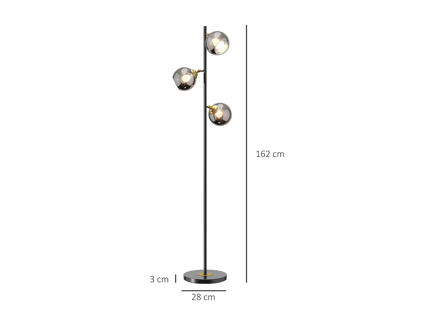 Lampadaire globe design néo-rétro 3 ampoules orientables max. 40 W H. 162 cm métal noir doré verre gris