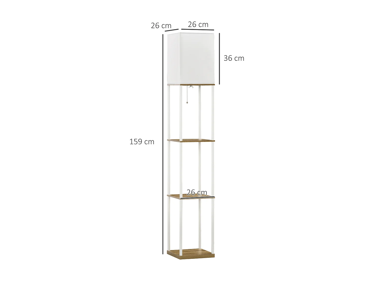 Lampadaire étagère design 26L x 26l x 159H cm 3 étagères E27 MDF blanc