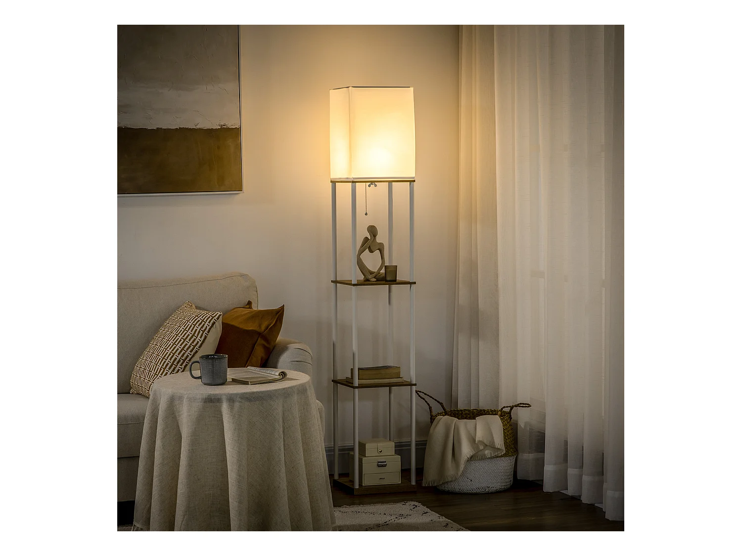 Lampadaire étagère design 26L x 26l x 159H cm 3 étagères E27 MDF blanc