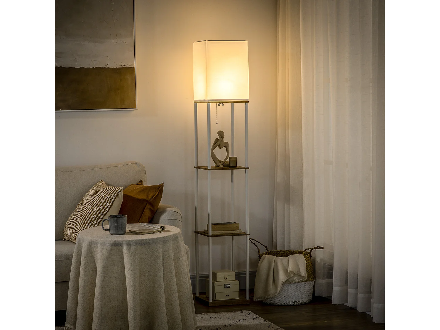 Lampadaire étagère design 26L x 26l x 159H cm 3 étagères E27 MDF blanc