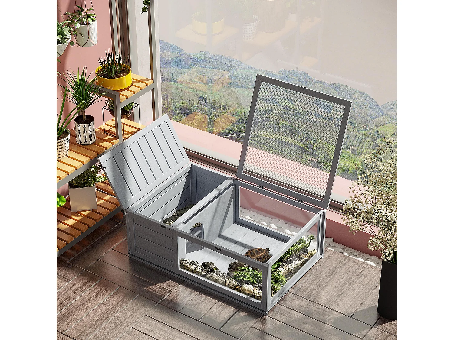 Enclos pour tortue - parc pour tortue - niche, enclos extérieur, toits ouvrants verrouillables - plexiglas métal sapin gris