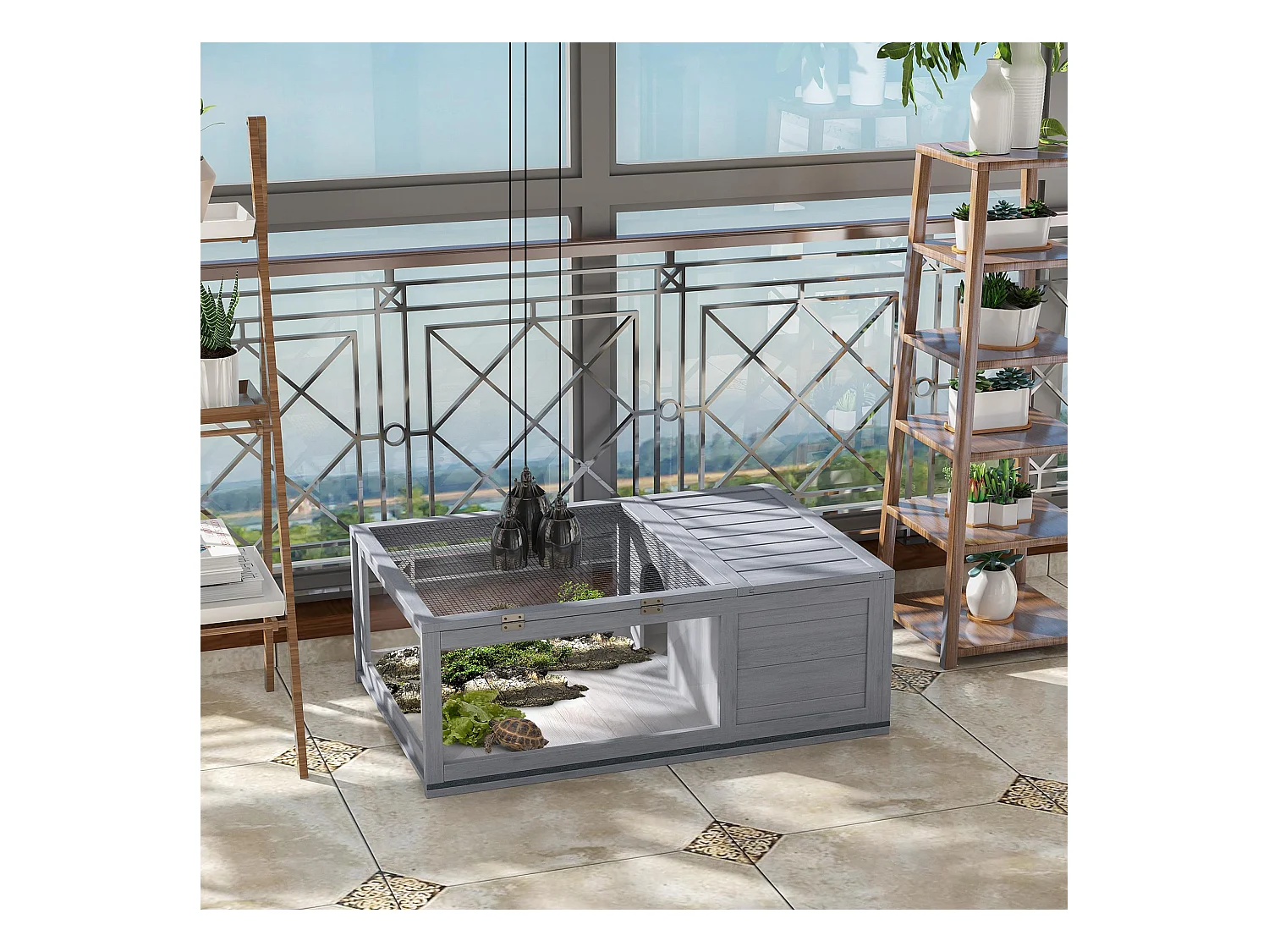 Enclos pour tortue - parc pour tortue - niche, enclos extérieur, toits ouvrants verrouillables - plexiglas métal sapin gris