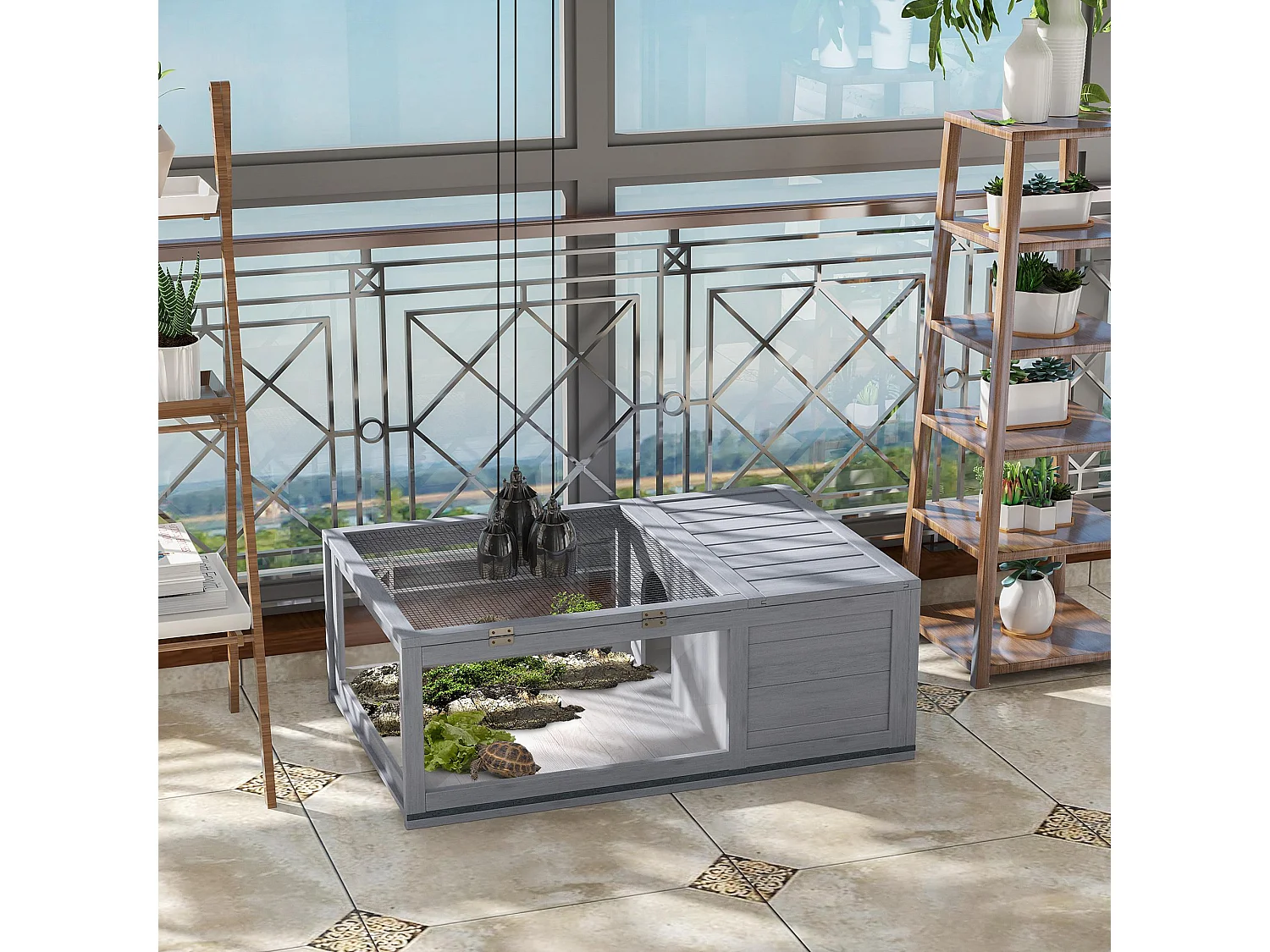 Enclos pour tortue - parc pour tortue - niche, enclos extérieur, toits ouvrants verrouillables - plexiglas métal sapin gris