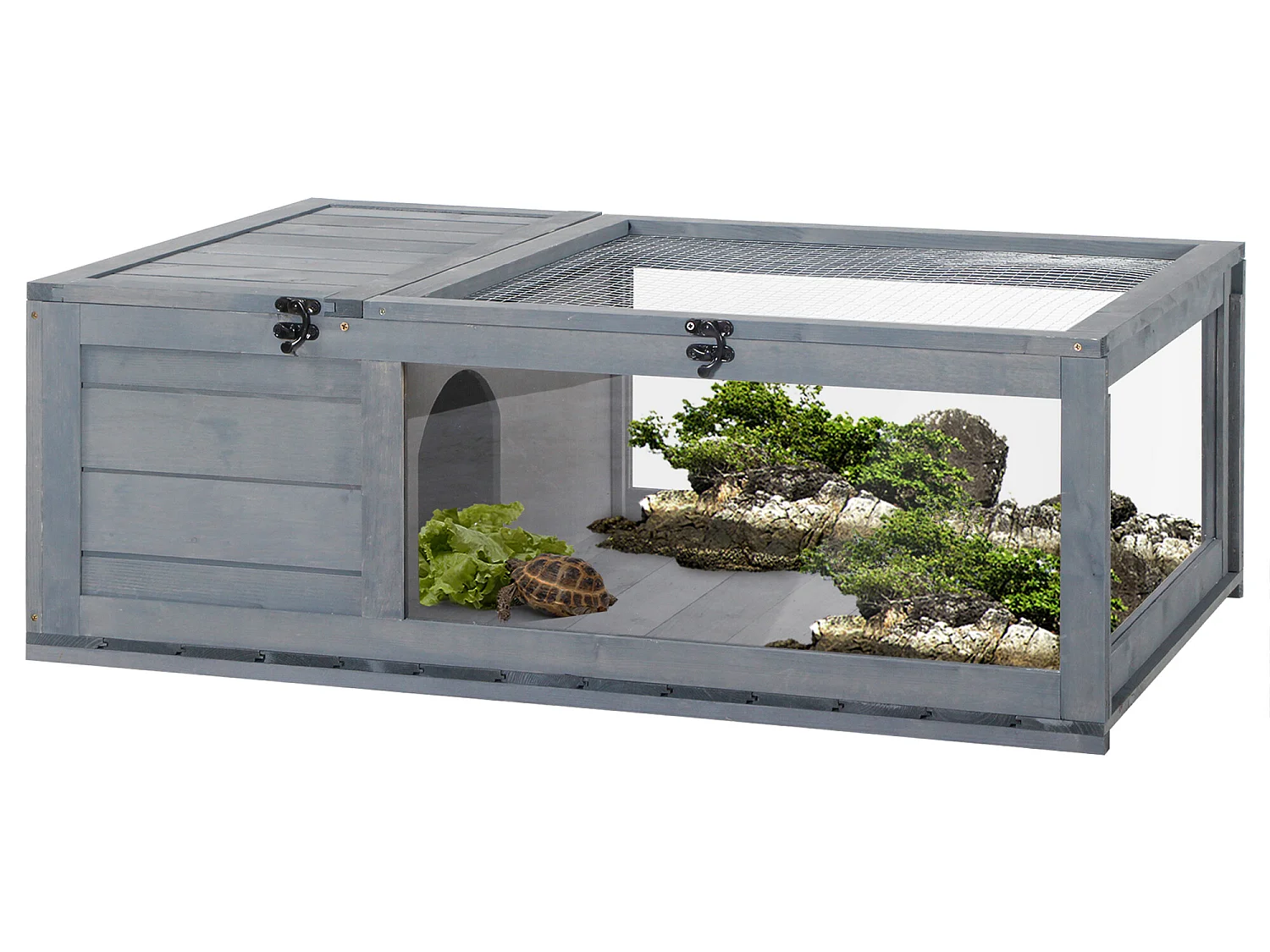 Enclos pour tortue - parc pour tortue - niche, enclos extérieur, toits ouvrants verrouillables - plexiglas métal sapin gris