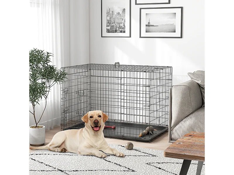 Cage de transport pour chien pliable - 2 portes verrouillables - plateau amovible - dim. 121L x 77l x 82H cm - acier ABS noir
