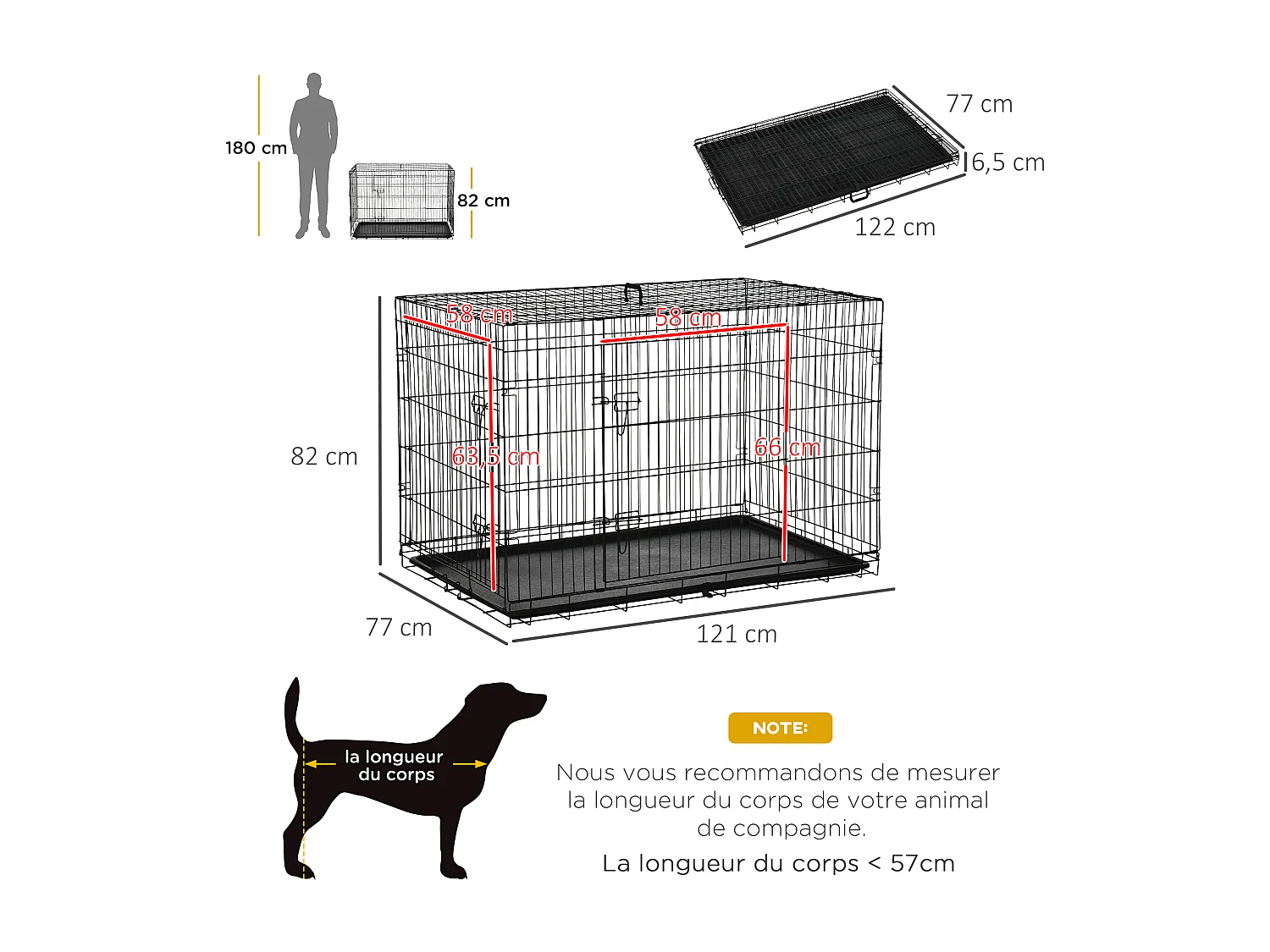 Cage de transport pour chien pliable - 2 portes verrouillables - plateau amovible - dim. 121L x 77l x 82H cm - acier ABS noir