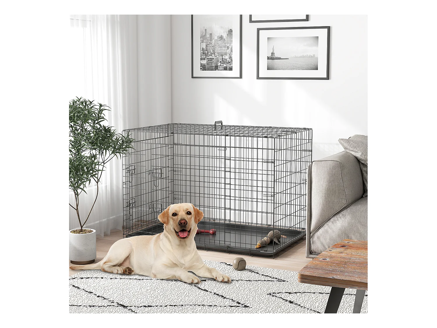 Cage de transport pour chien pliable - 2 portes verrouillables - plateau amovible - dim. 121L x 77l x 82H cm - acier ABS noir