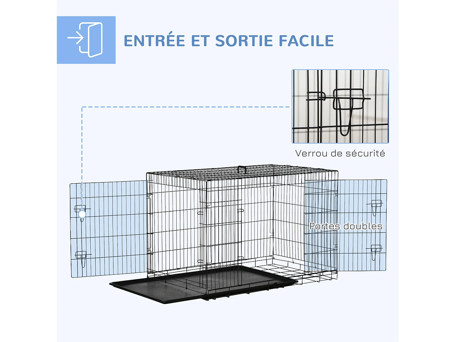 Cage de transport pour chien pliable - 2 portes verrouillables - plateau amovible - dim. 121L x 77l x 82H cm - acier ABS noir