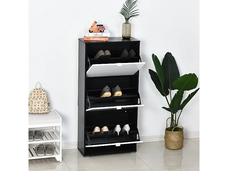 Meuble à chaussures 3 portes abattantes 3 compartiments MDF noir blanc laqué