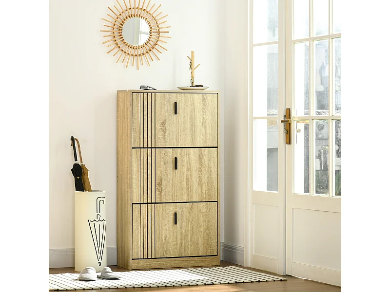 Meuble à chaussures design Urban Craft 3 portes abattantes 3 étagères poignées métal noir aspect chêne clair