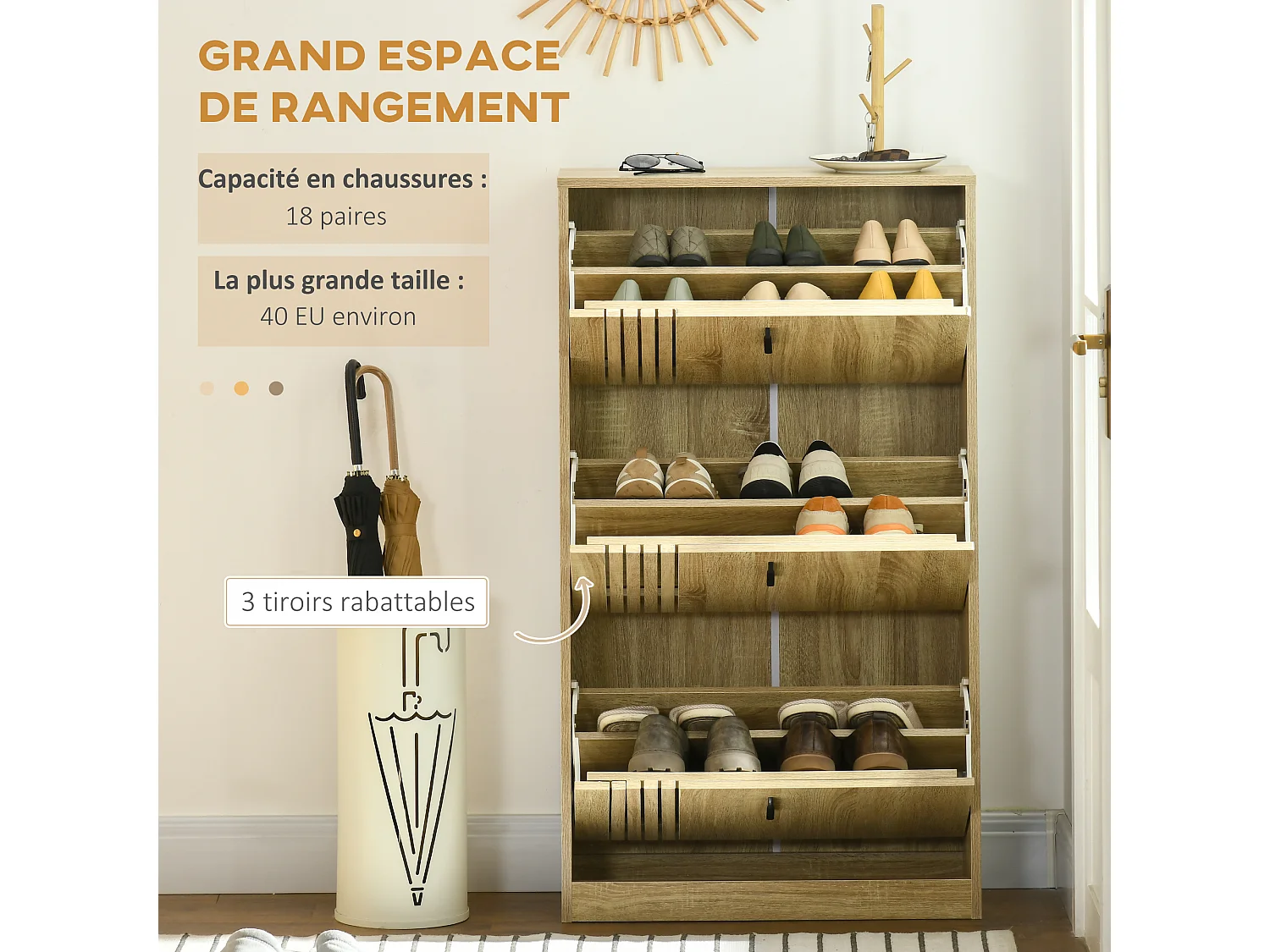 Meuble à chaussures design Urban Craft 3 portes abattantes 3 étagères poignées métal noir aspect chêne clair