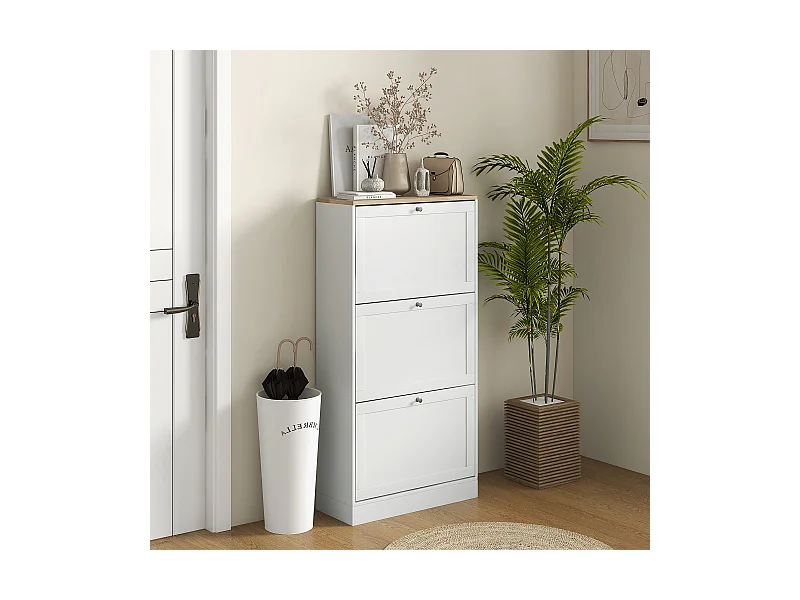 Armoire à chaussures 3 portes abattantes 2 compartiments panneaux particules blanc aspect chêne clair