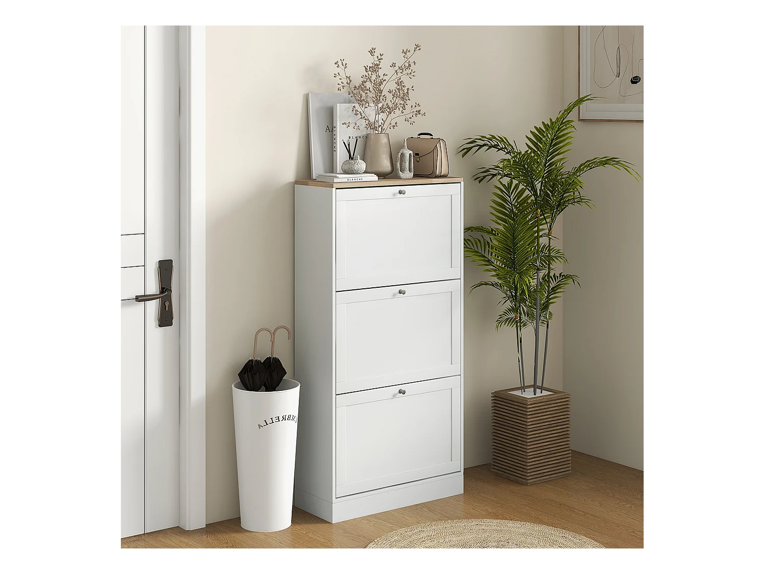 Armoire à chaussures 3 portes abattantes 2 compartiments panneaux particules blanc aspect chêne clair