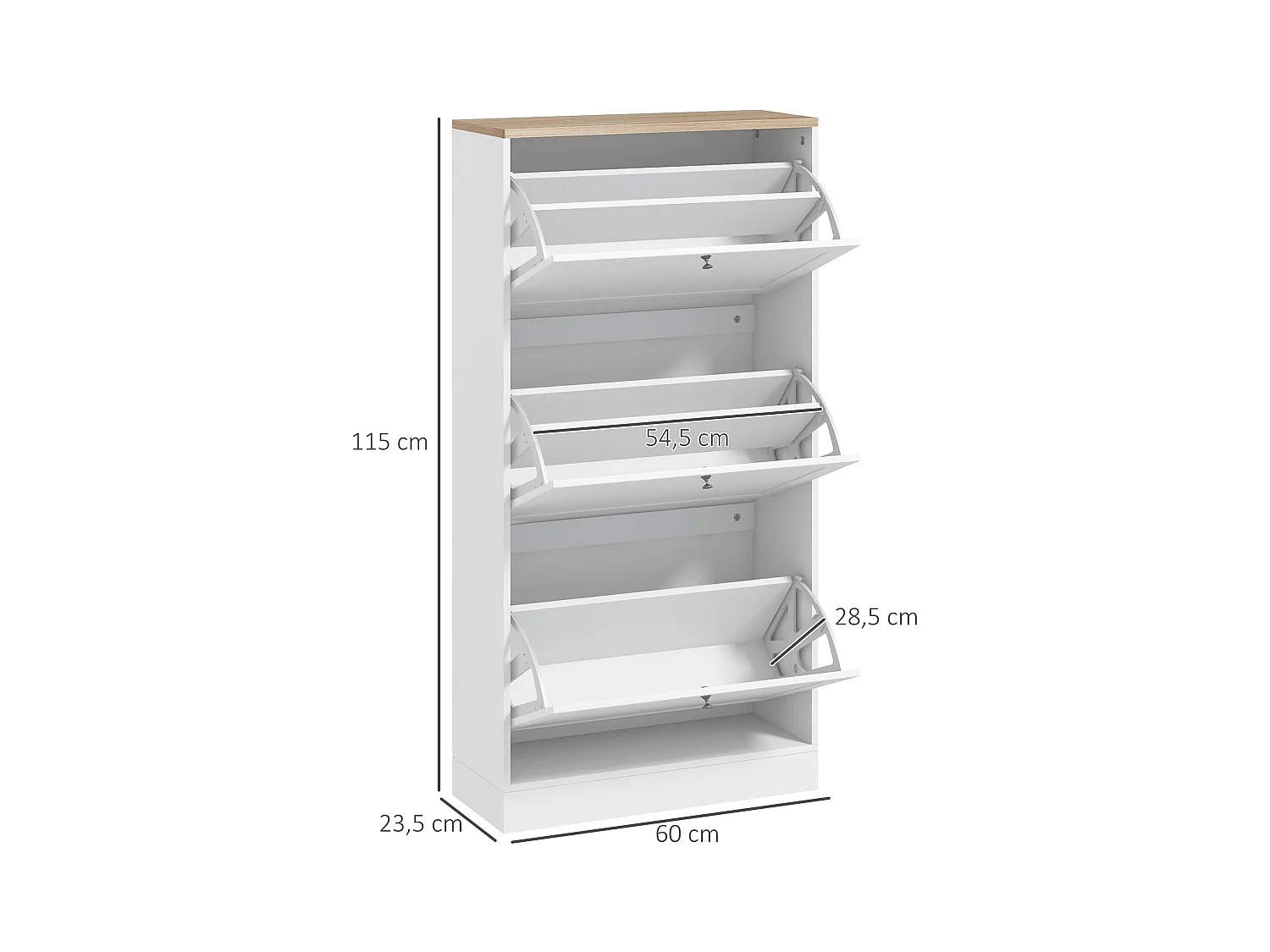 Armoire à chaussures 3 portes abattantes 2 compartiments panneaux particules blanc aspect chêne clair