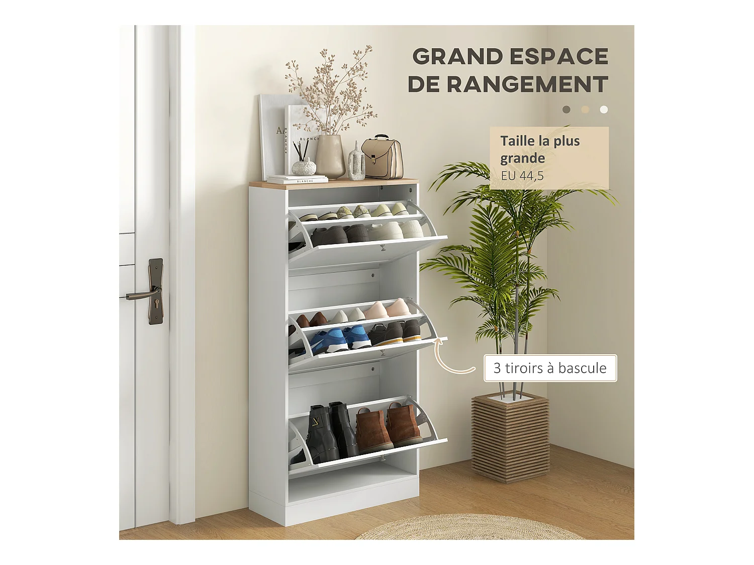 Armoire à chaussures 3 portes abattantes 2 compartiments panneaux particules blanc aspect chêne clair