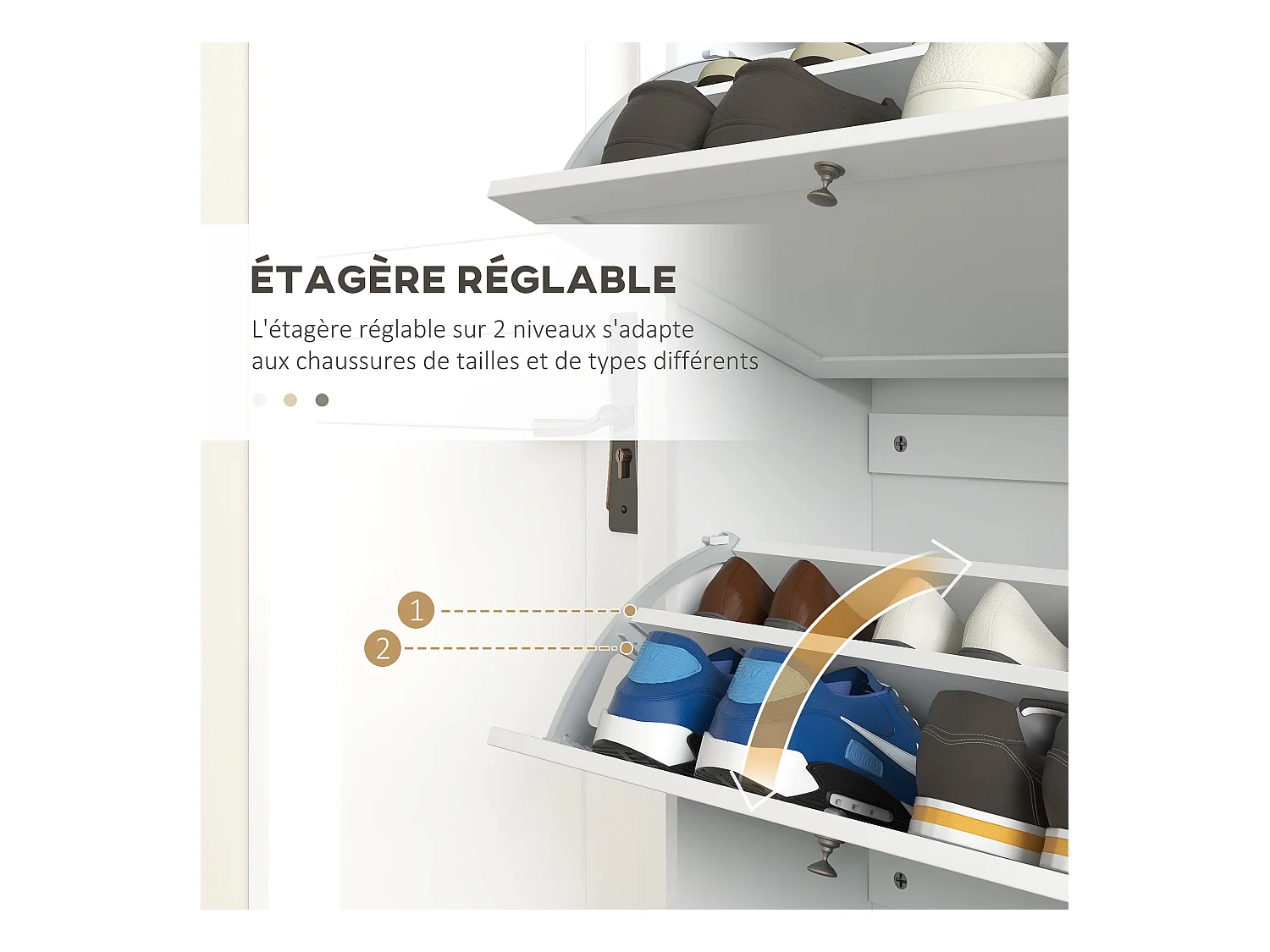 Armoire à chaussures 3 portes abattantes 2 compartiments panneaux particules blanc aspect chêne clair