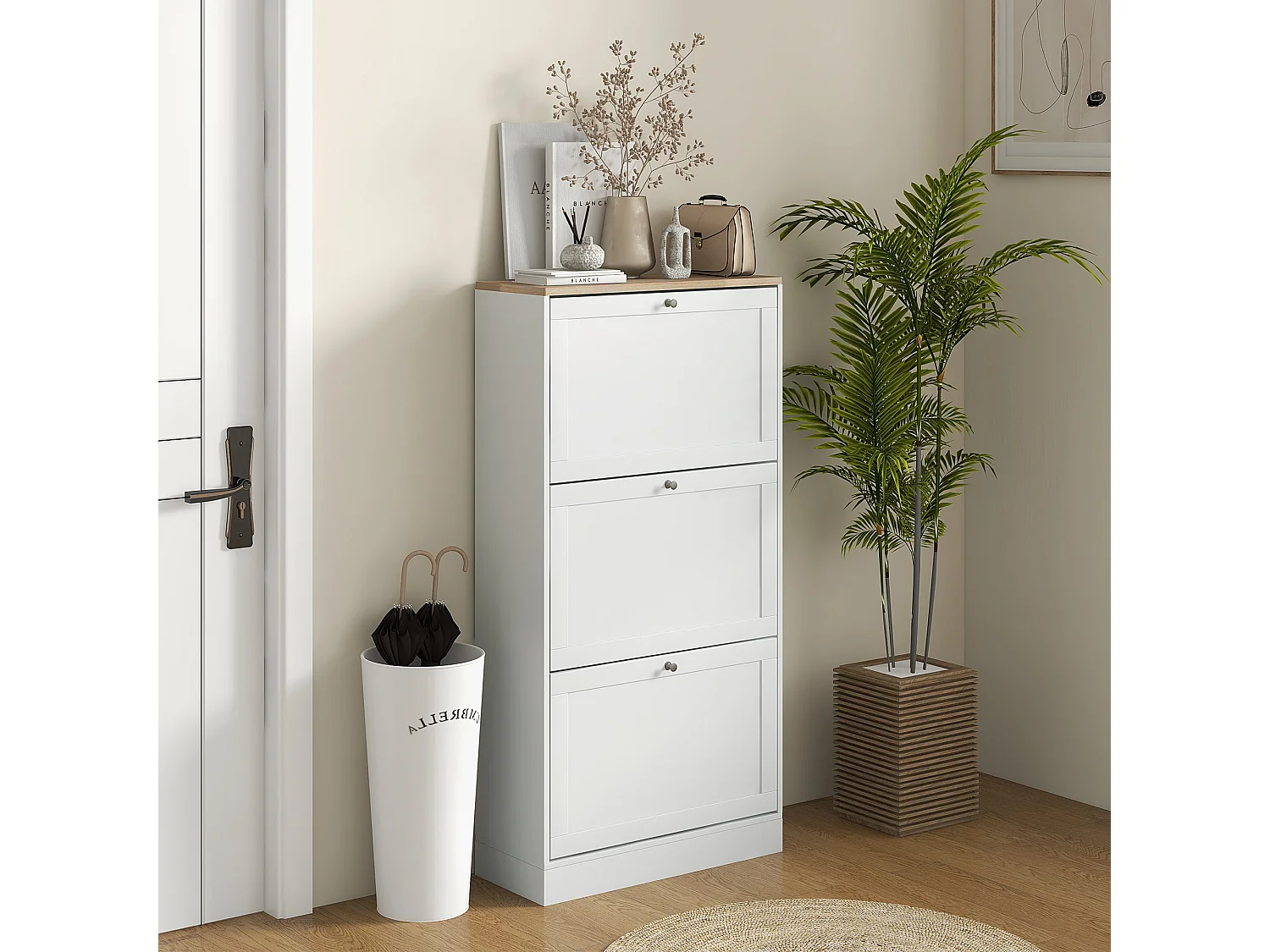 Meuble à chaussures 3 portes battantes style classique chic blanc aspect chêne clair