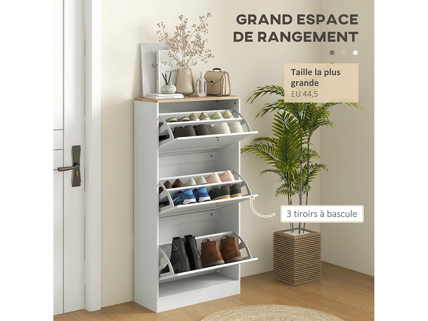 Meuble à chaussures 3 portes battantes style classique chic blanc aspect chêne clair