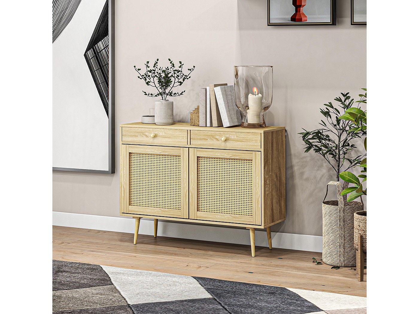 Buffet 2 portes 2 étagères réglables 2 tiroirs style bohème chic aspect ...