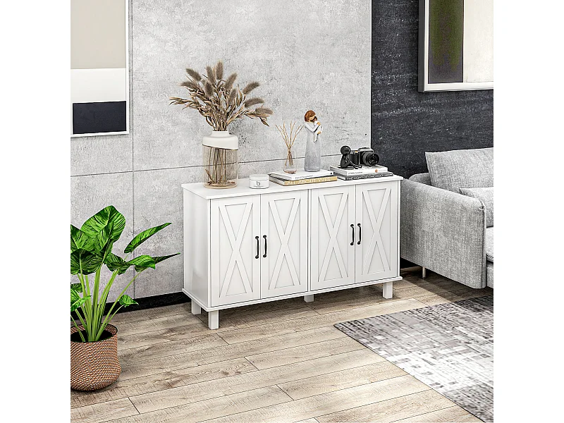 Buffet 4 portes 2 étagères style rural chic façades portes à croisillons poignées métal noir MDF blanc