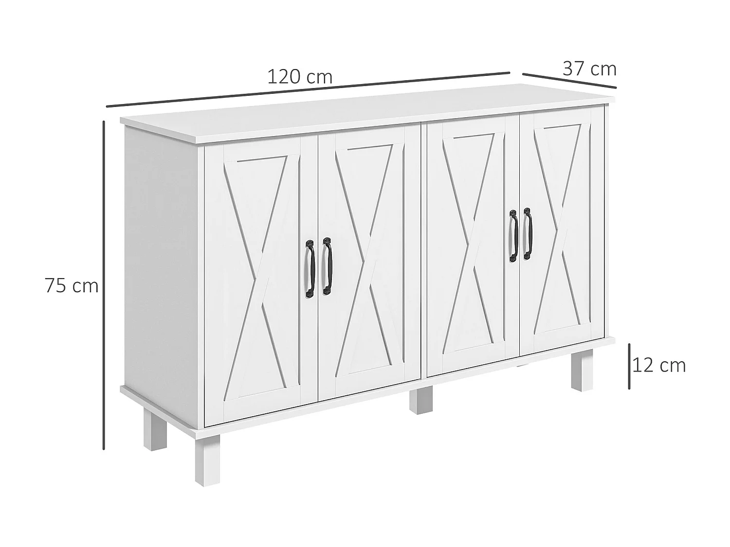 Buffet 4 portes 2 étagères style rural chic façades portes à croisillons poignées métal noir MDF blanc