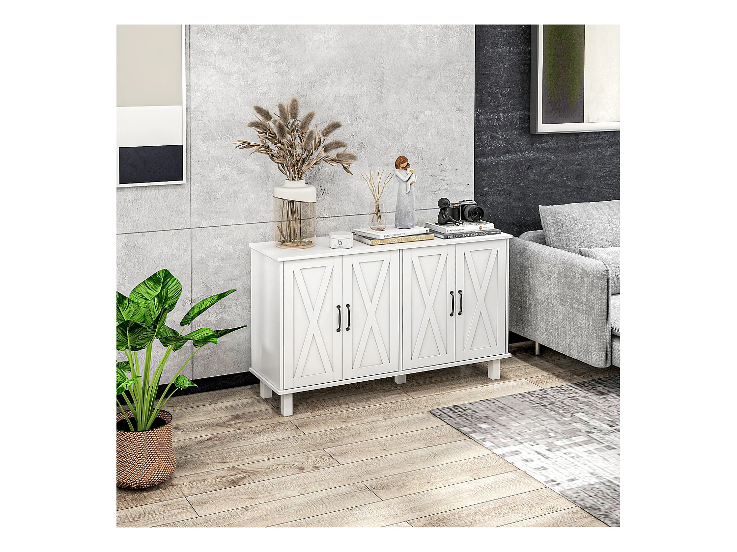 Buffet 4 portes 2 étagères style rural chic façades portes à croisillons poignées métal noir MDF blanc