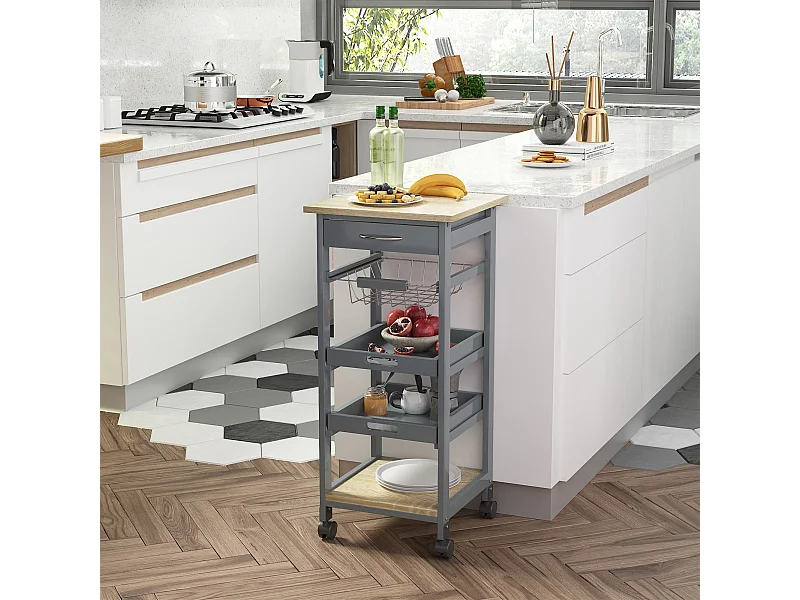 Chariot de service desserte de cuisine à roulettes panier + 2 plateaux amovibles, tiroir, étagère MDF chêne clair bois pin gris
