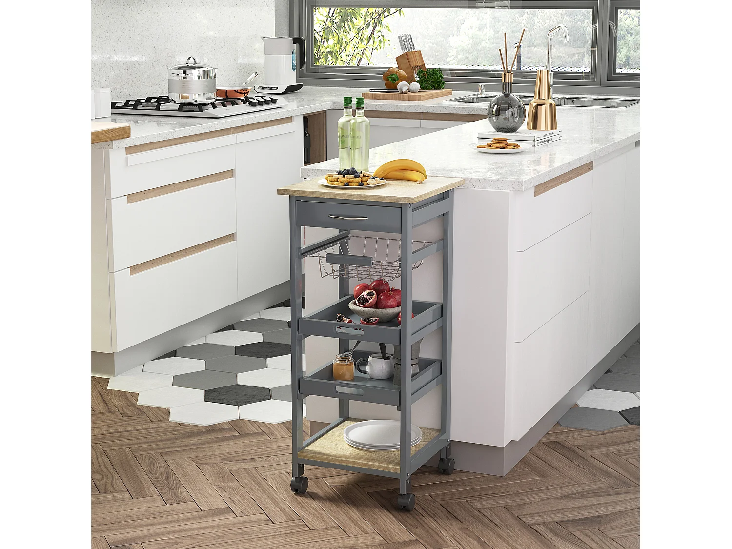 Chariot de service desserte de cuisine à roulettes panier + 2 plateaux amovibles, tiroir, étagère MDF chêne clair bois pin gris