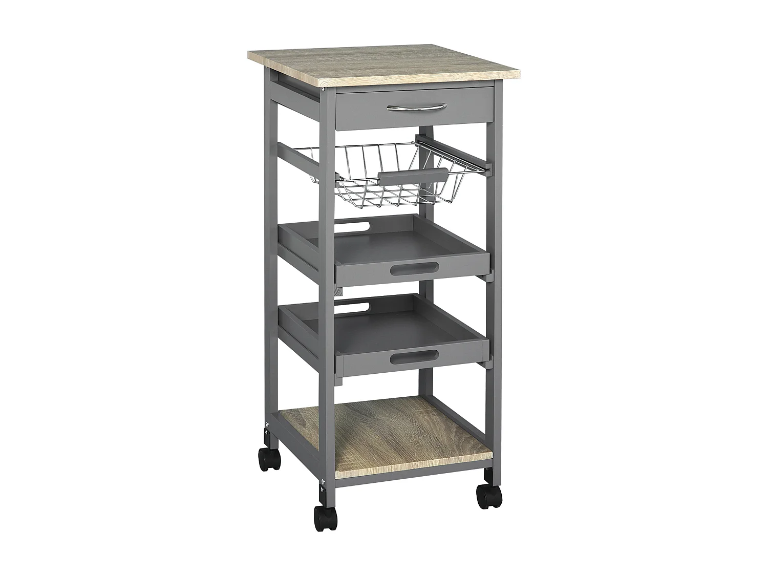 Chariot de service desserte de cuisine à roulettes panier + 2 plateaux amovibles, tiroir, étagère MDF chêne clair bois pin gris