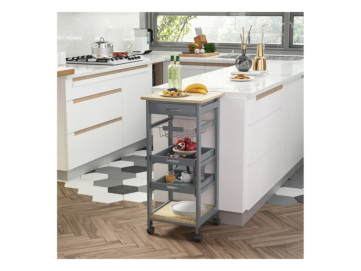 Chariot de service desserte de cuisine à roulettes panier + 2 plateaux amovibles, tiroir, étagère MDF chêne clair bois pin gris