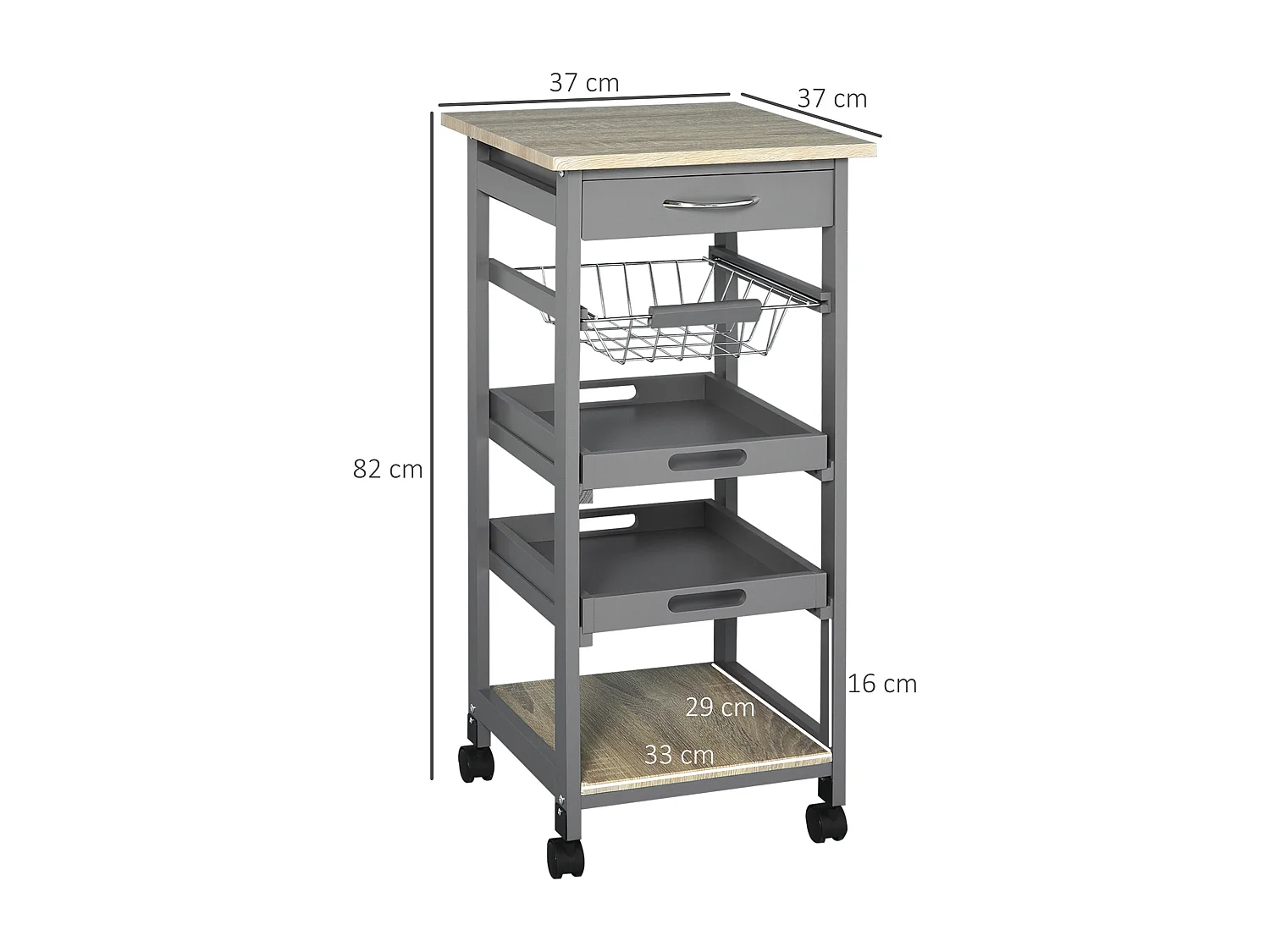 Chariot de service desserte de cuisine à roulettes panier + 2 plateaux amovibles, tiroir, étagère MDF chêne clair bois pin gris