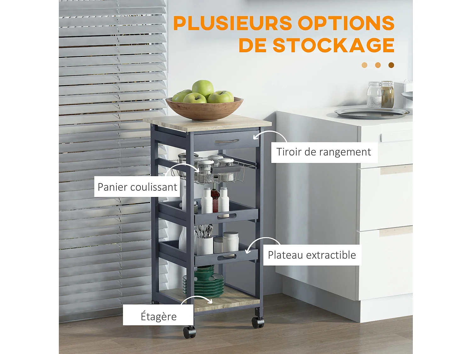 Chariot de service desserte de cuisine à roulettes panier + 2 plateaux amovibles, tiroir, étagère MDF chêne clair bois pin gris