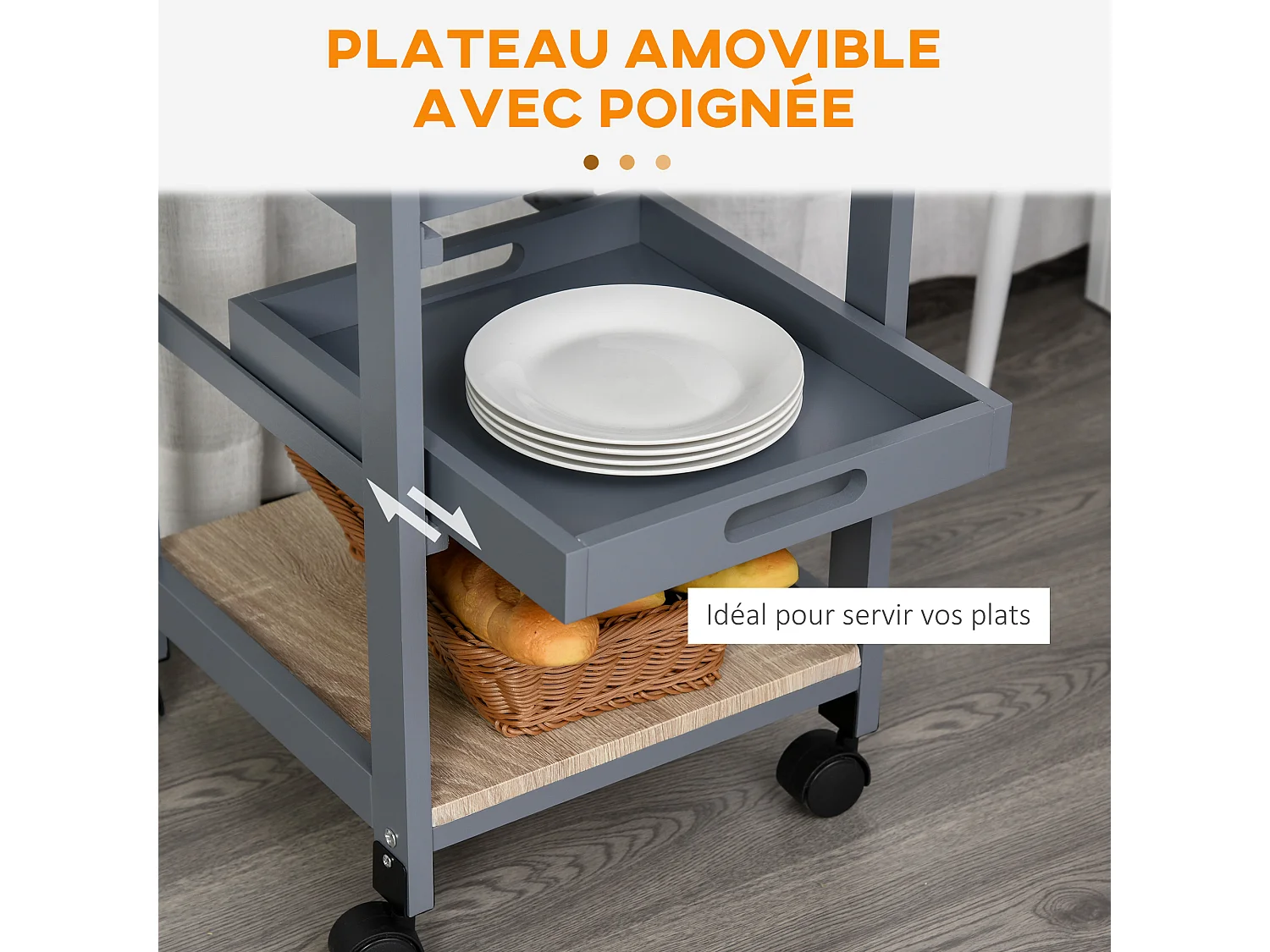 Chariot de service desserte de cuisine à roulettes panier + 2 plateaux amovibles, tiroir, étagère MDF chêne clair bois pin gris