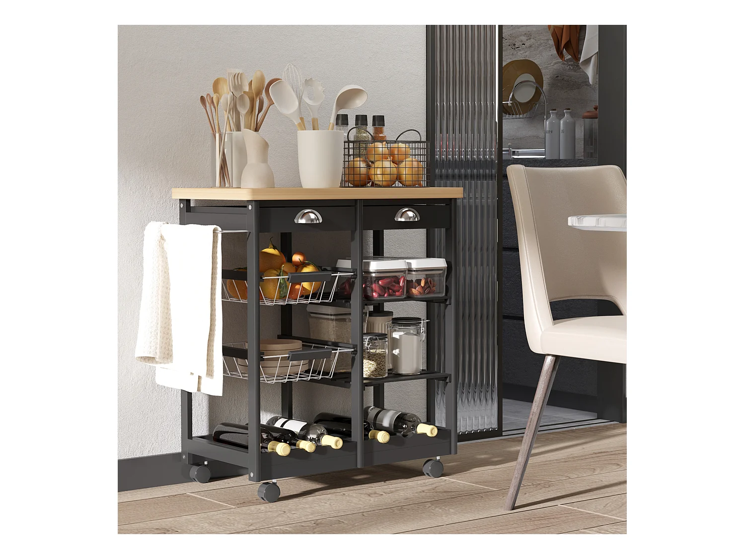 Chariot de service desserte de cuisine à roulettes multi-rangements 74L x 37l x 76H cm plateau bois massif pin châssis MDF noir